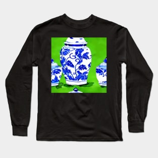 Chinoiserie jars on green Long Sleeve T-Shirt